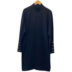 Vintage Ronnie Heller Dress Women’s 8 Navy Blue Gold Tone Buttons High Neck Midi